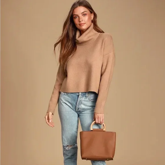 Lulus “Lets Cuddle Tan Cowel Neck Sweater” - Picture 2 of 8